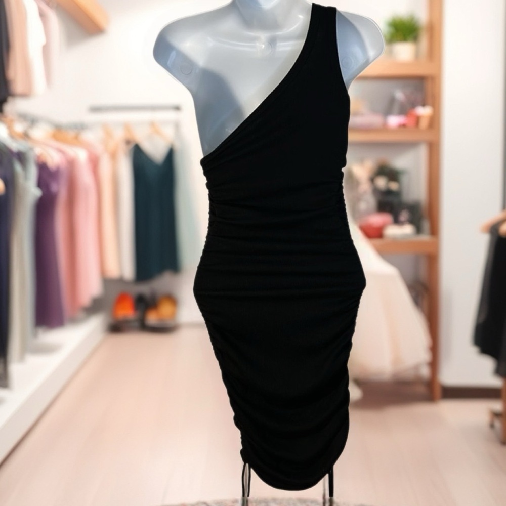 Forever 21 Juniors Size Medium Black Ribbed Body-con Ruched Dress - Picture 3 of 6